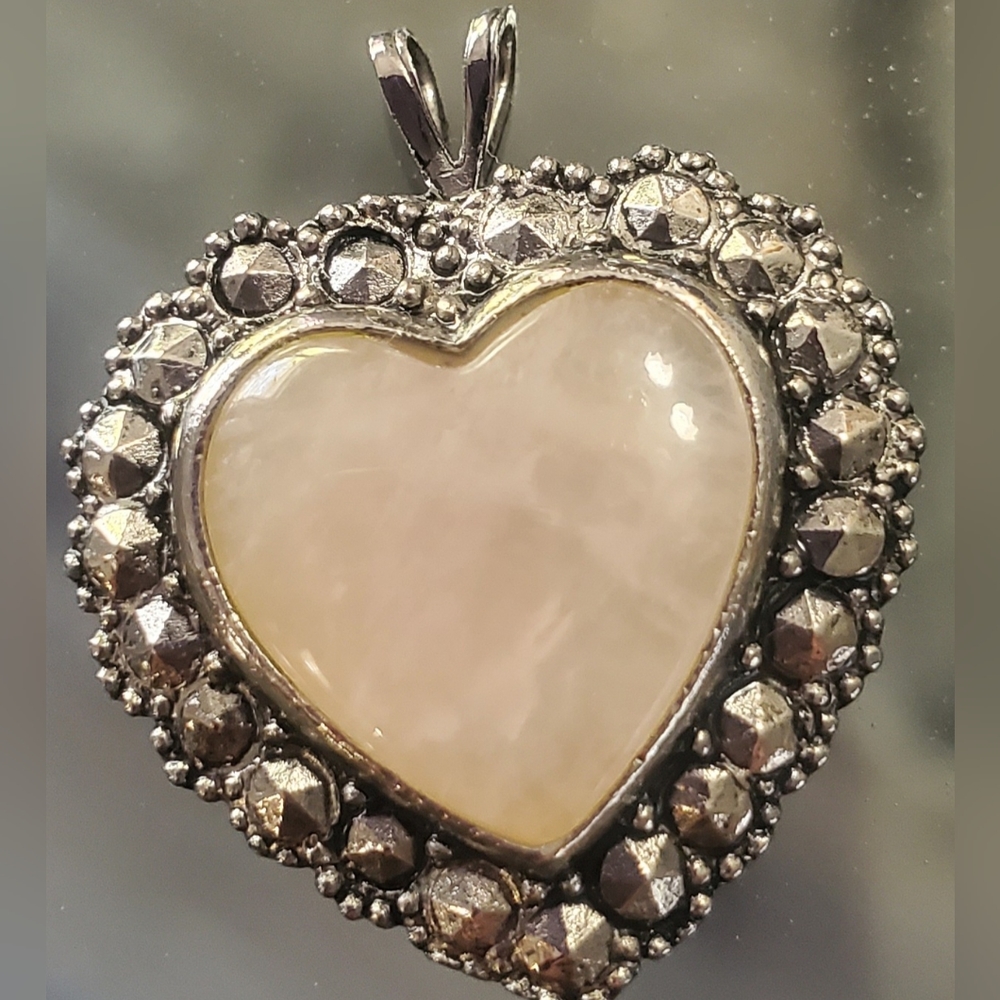 Vtg Avon Heart Pendant Pink Quartz Marcasite Style Silvertone Victorian Revival